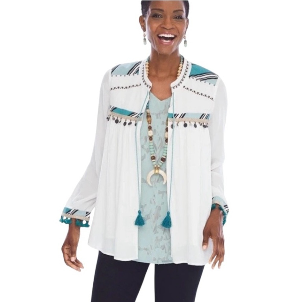 Chico’s Women's White Embellished Open Front Tassle Tie Lightweight Jacket Sz L